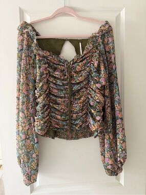 Free People Olive Blouse with Pink & Blue Floral Ruffles